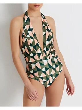 PatBO Halter One-Piece Swimsuit in Olive & Blush Geo Print